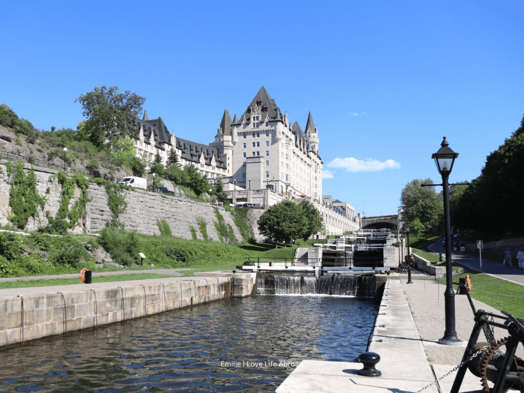 View of the Rideau Canal Locks with the beautiful Fairmont hotel in the backdrop.