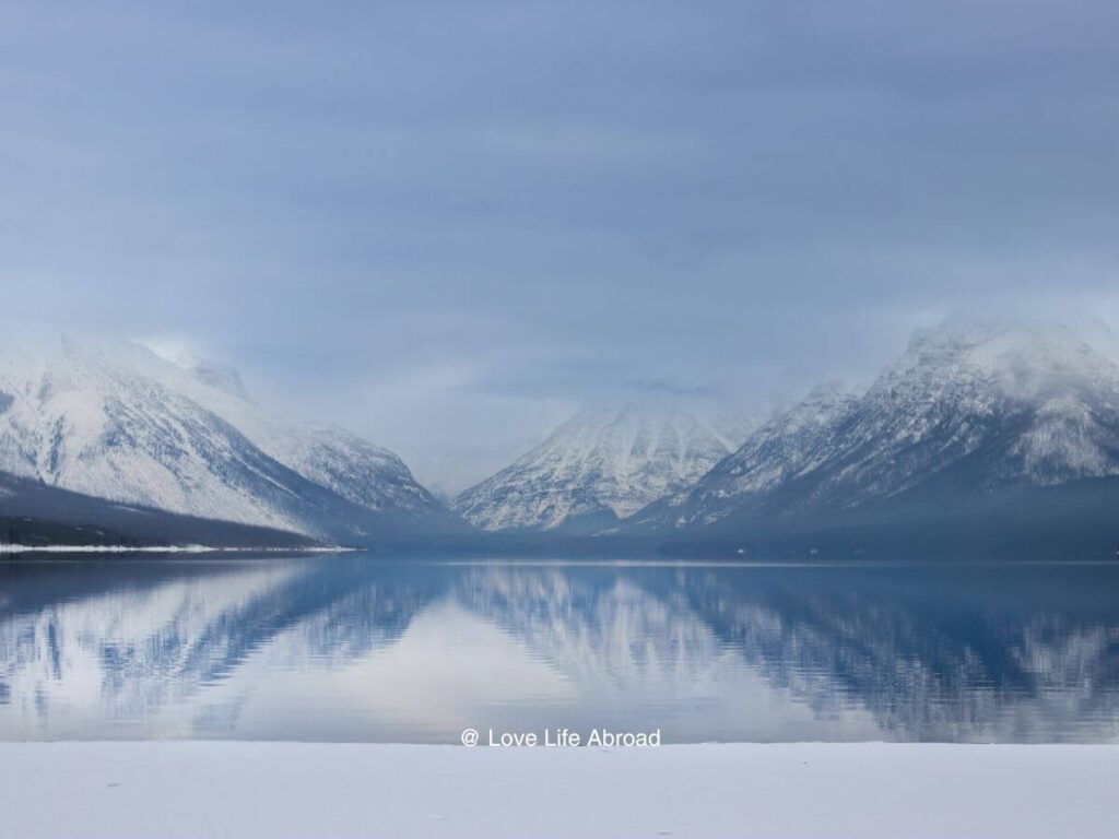 glacier national park in the wintertime The view of Lake Mc Donald 