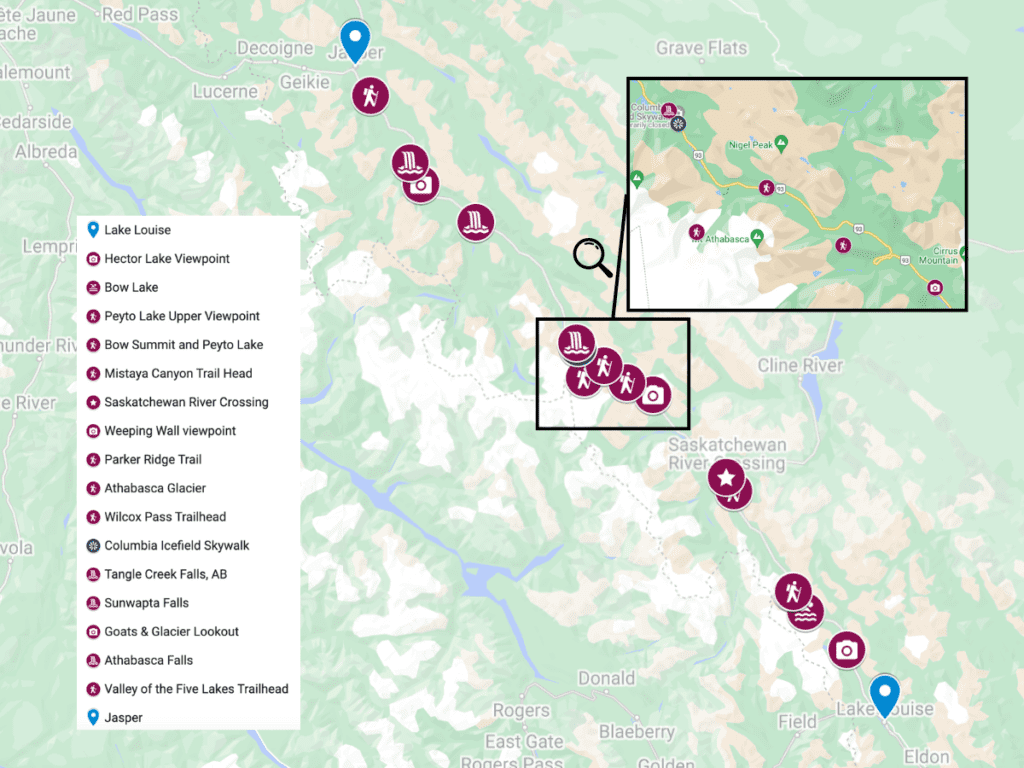 Icefields Parkway Map Itinerary - Love Life Abroad MAPS