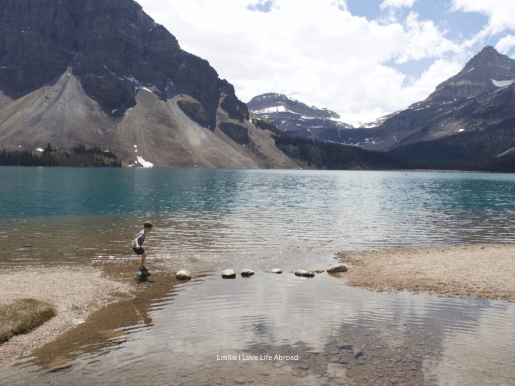 My son enjoying the walk along Bow Lake one of the first stops on the Icelfields Parkway 