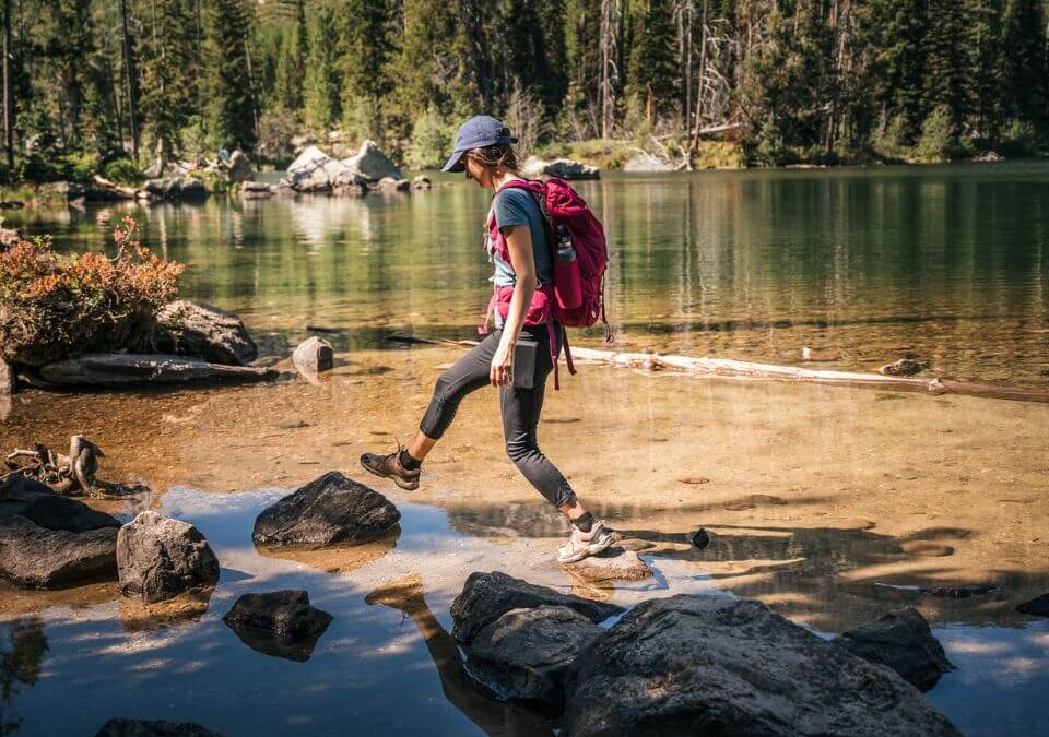 Walking on the rocks at Taggart Lake