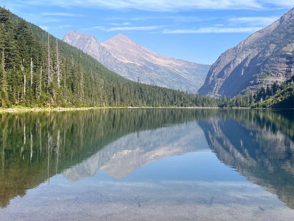 beautiful lake surrounded by mountain peaks