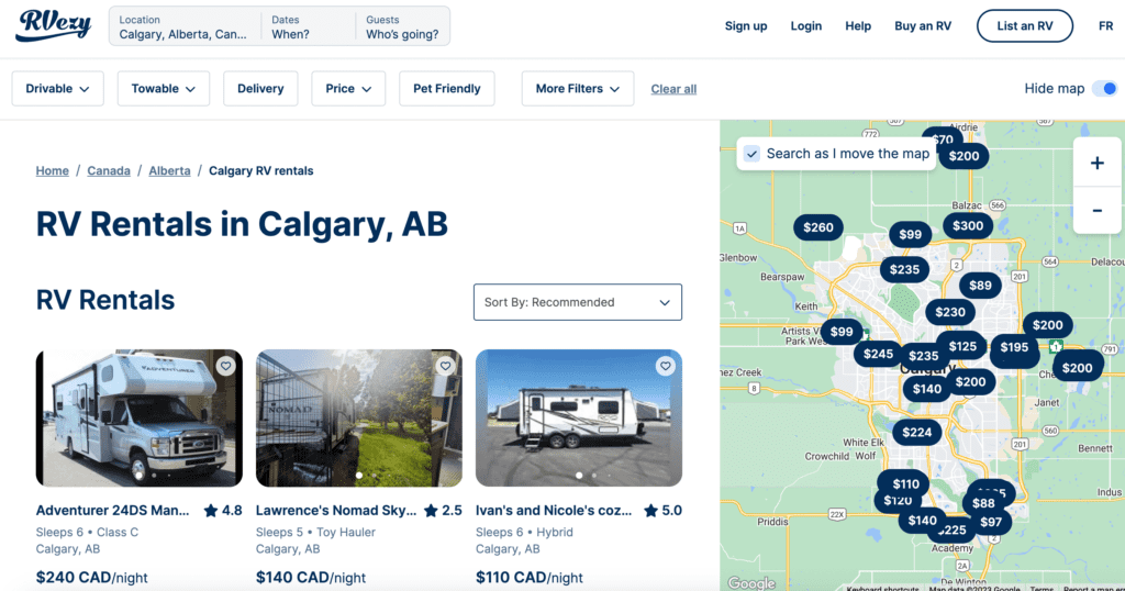 rvezy calgary website screenshot