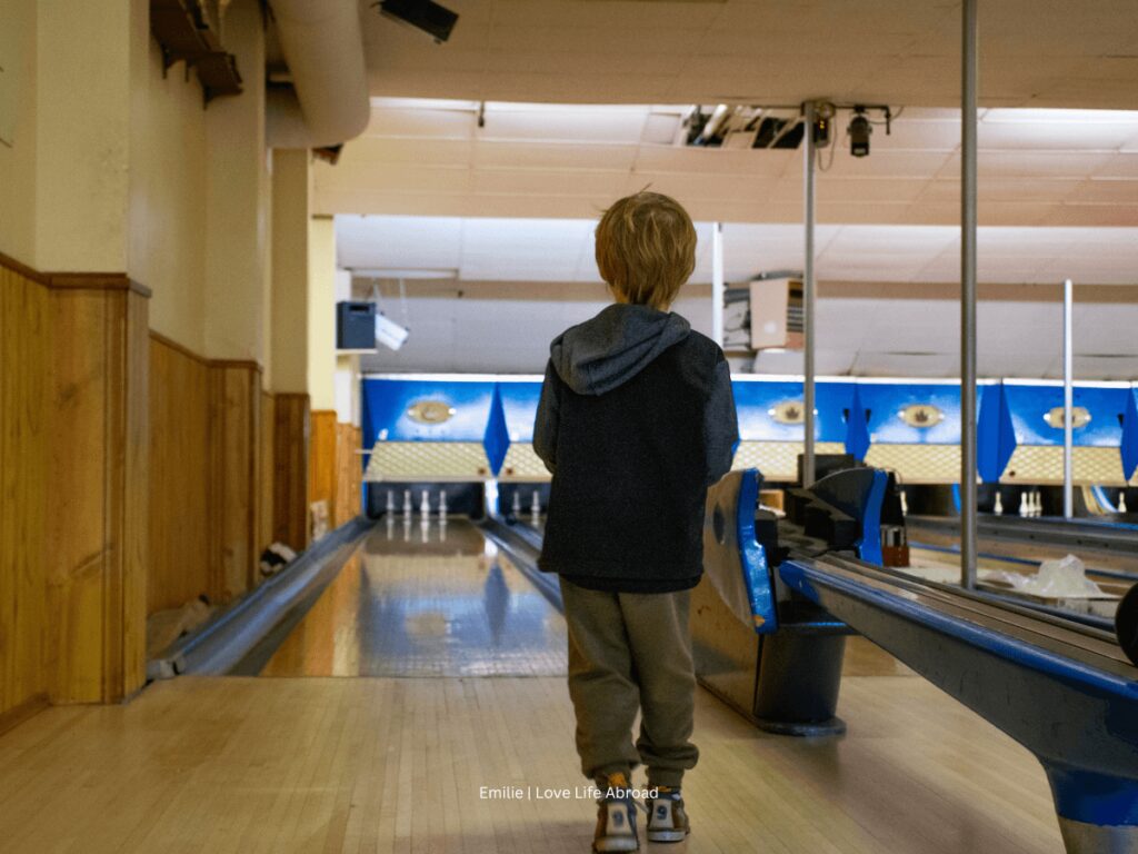 The boys beat me at bowling in Lacombe