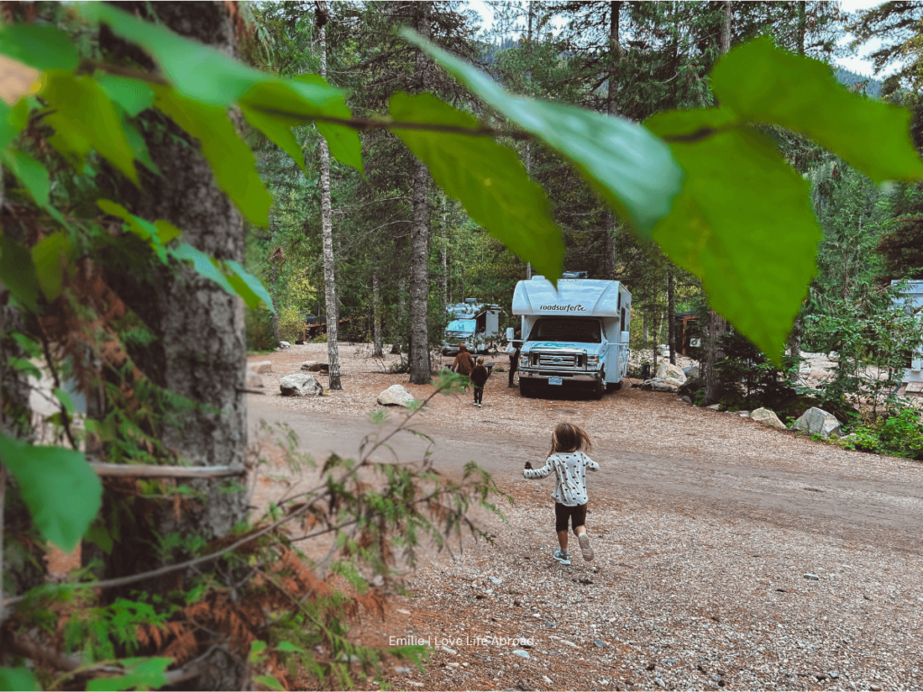 View of our RV full hook up campsite at Crazy Creek Hot Pools Resort near Revelstoke