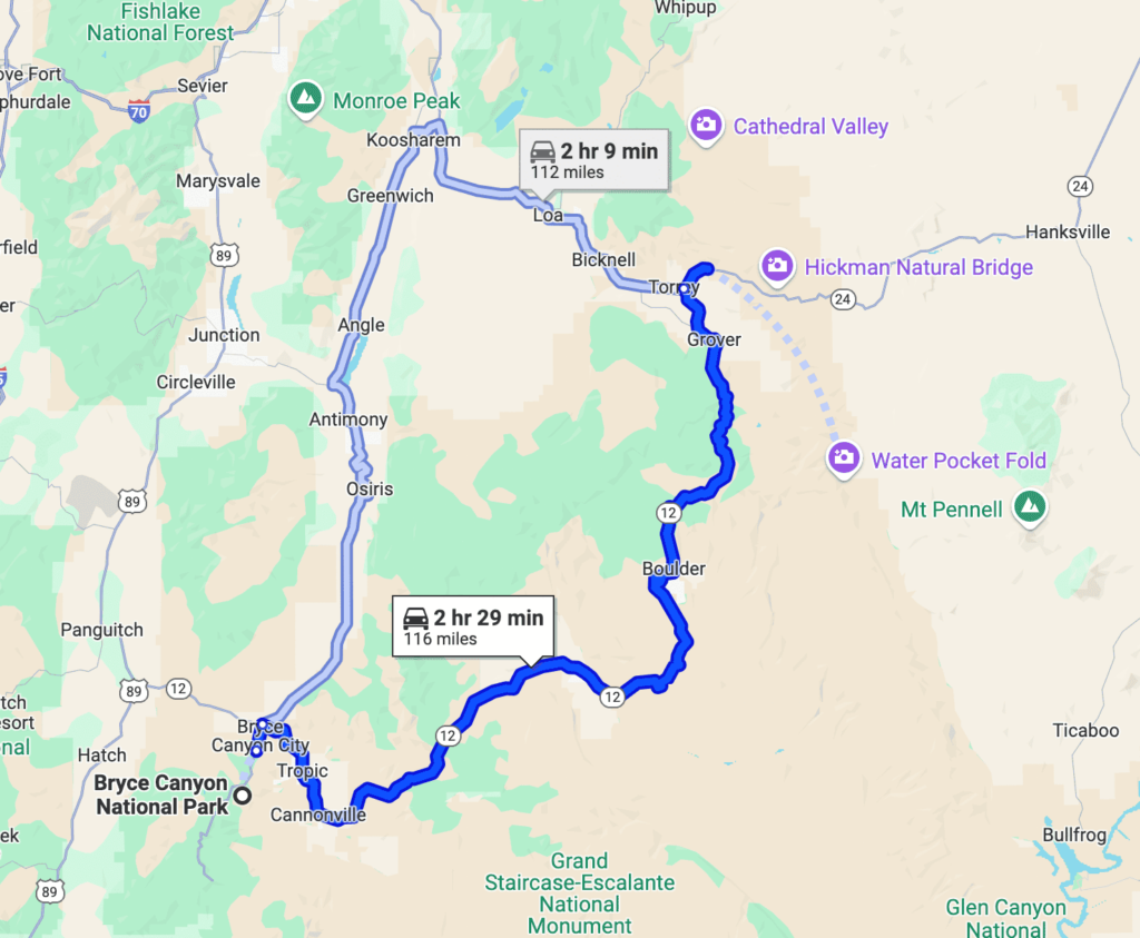 Bryce to Capitol Reef Map and Stops