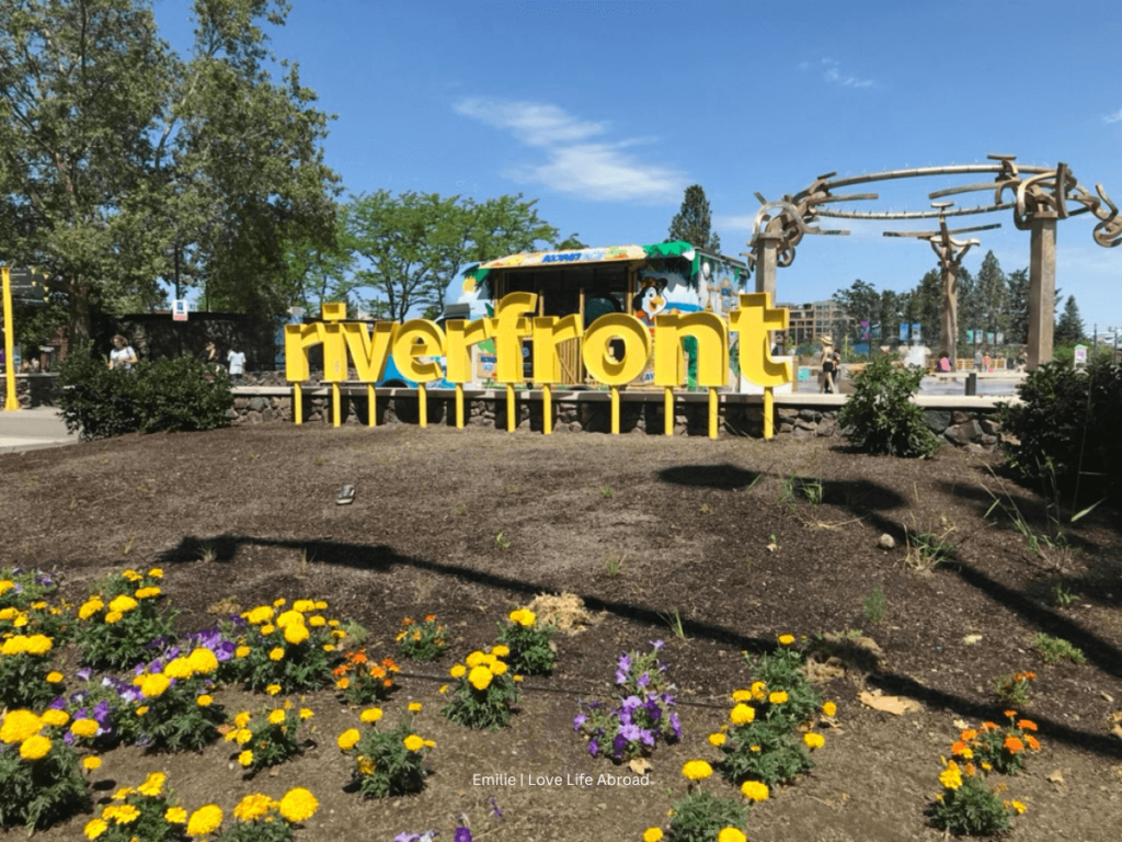 View of the Riverfront sign at the Riverfront Park in Spokane, WA