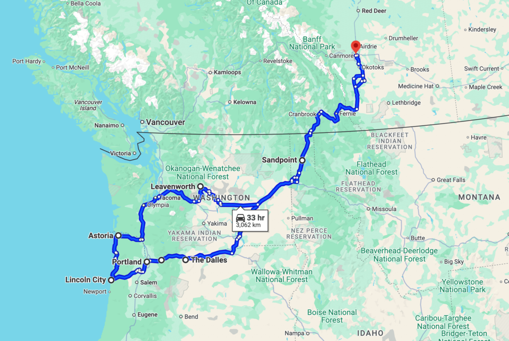 Pacific Northwest road trip itinerary MAP with stops